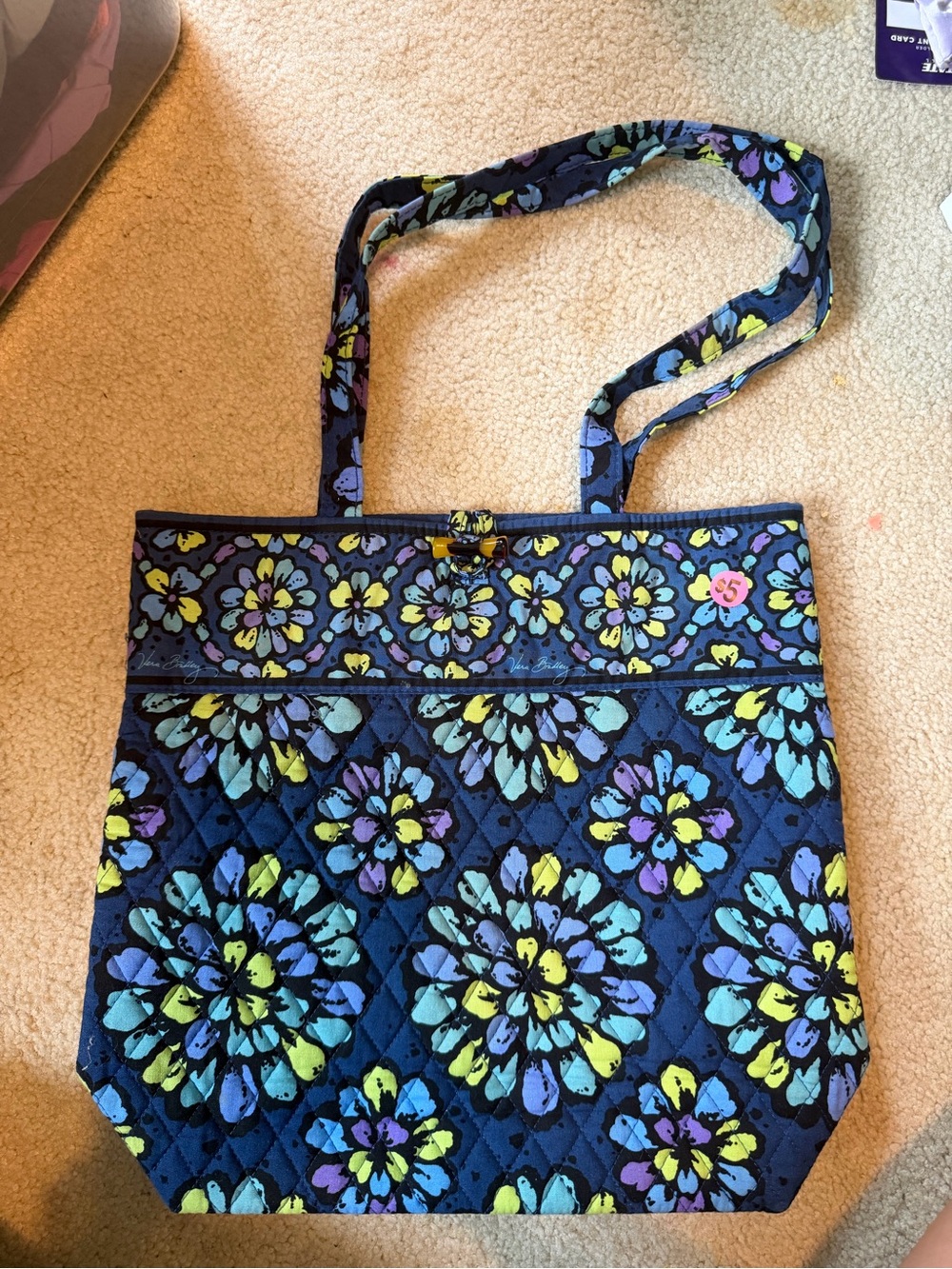 Vera Bradley Navy Quilted Floral Tote with Multicolor Blooms
